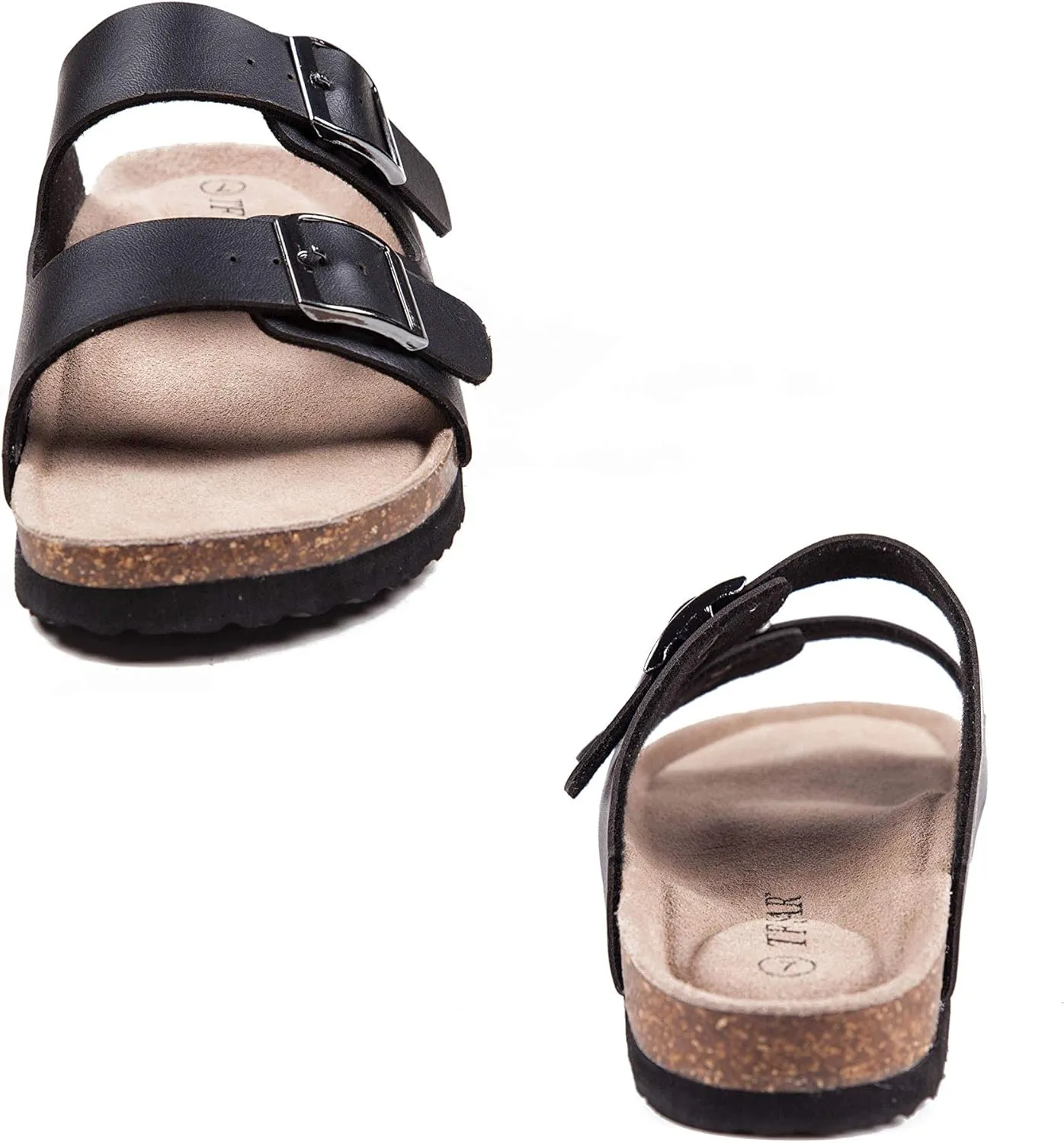 TF STAR Women 2-Strap Adjustable Buckle, Flat Casual Cork Slide Sandals,Slide Cork Footbed Sandals for Women
