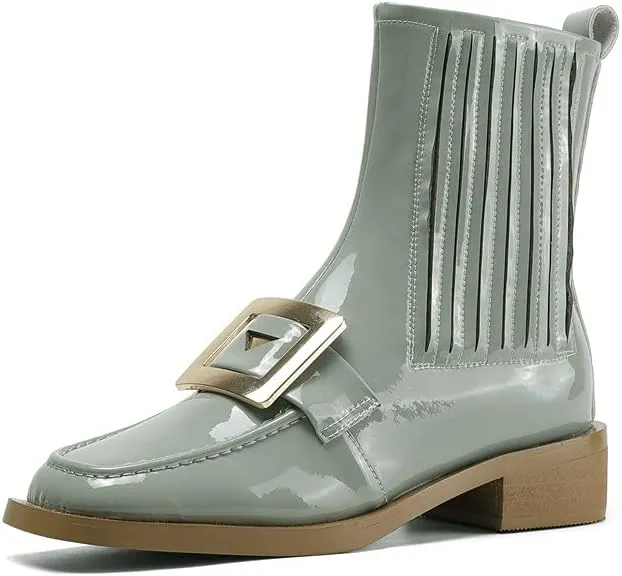 TinaCus Women's Square Toe Patent Leather Handmade Buckle Low Heels Slip On Casual Ankle Boots