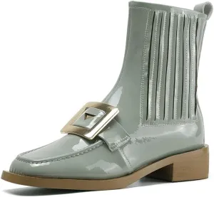 TinaCus Women's Square Toe Patent Leather Handmade Buckle Low Heels Slip On Casual Ankle Boots