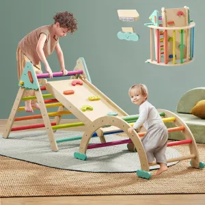 Tiny Land Pikler Triangle Set,7-in-1 Foldable Montessori Toddler Climbing Toys Indoor, Wooden Playground Jungle Gym for Kids, Climber Gift for Boys & Girls Toddler Climbing Toys (Rainbow)