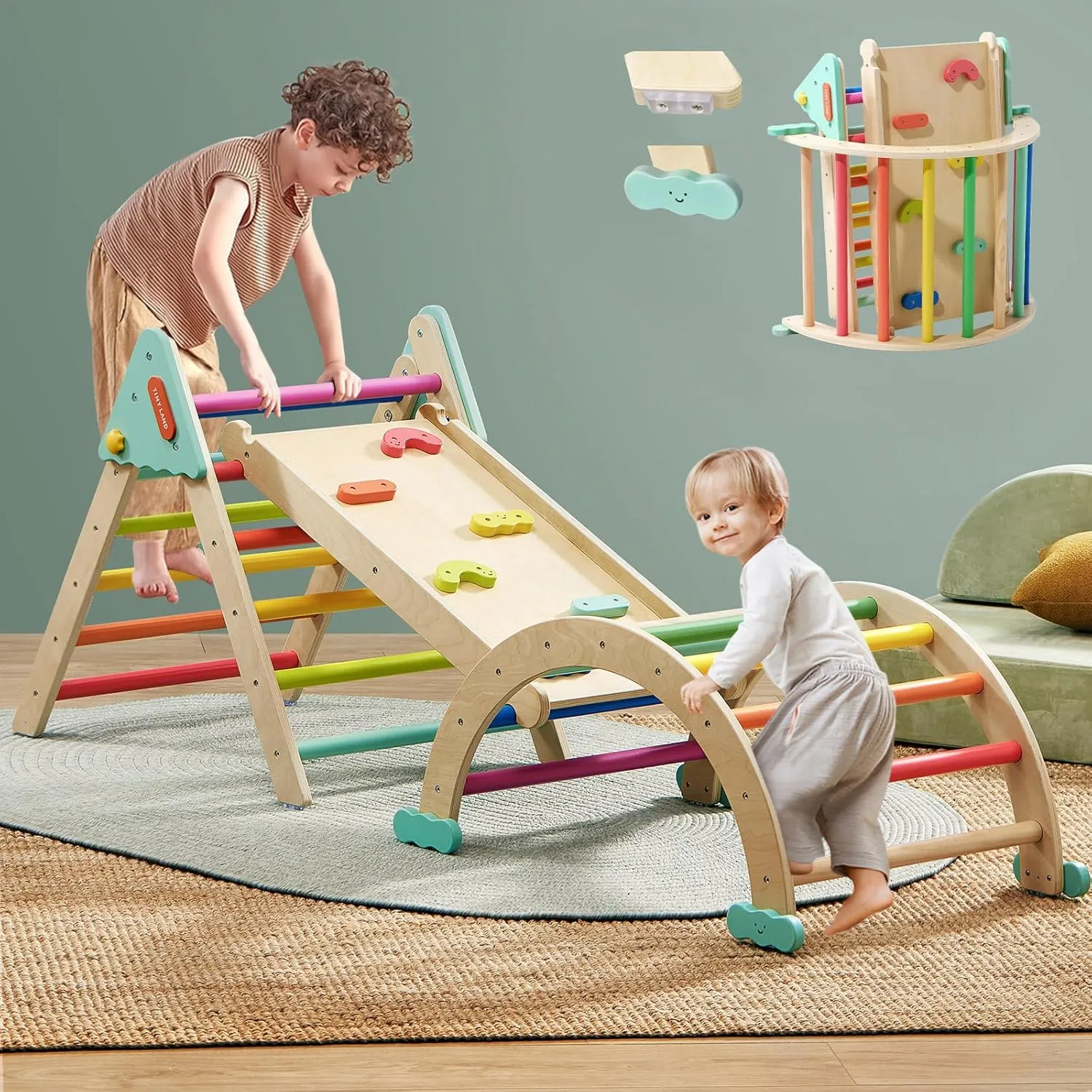 Tiny Land Pikler Triangle Set,7-in-1 Foldable Montessori Toddler Climbing Toys Indoor, Wooden Playground Jungle Gym for Kids, Climber Gift for Boys & Girls Toddler Climbing Toys (Rainbow)