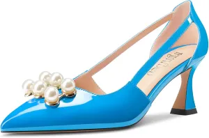 TNYNFBEB Women Chunky Block Mid Heel Close Pointed Toe Pumps Slip-on Rhinestone Crystal Party Cute 2.6 Inches Heels