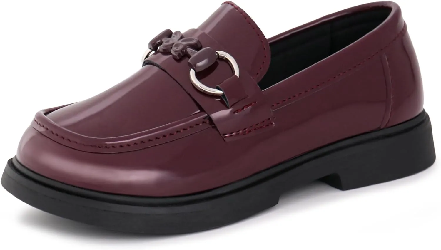 Tobfis Girls Slip-On Round Toe Oxford Butterfly Metal Chain Patent Leather Penny Loafers Flats Church School Uniform Kids Moccasins Dress Shoes (Toddler/Little Kid/Big Kid)