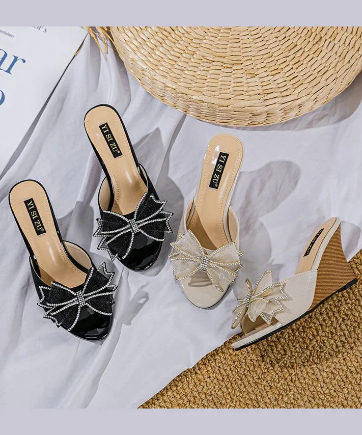 Toe Wedge Sandals Slide Stylish Black Splicing Peep Heels Bow