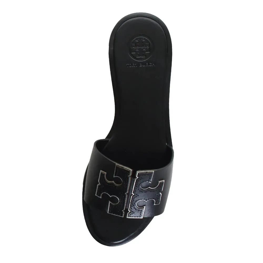 Tory Burch Women's INES Slide Leather Cushioned Sandals 9.5 Perfect Black/Silver