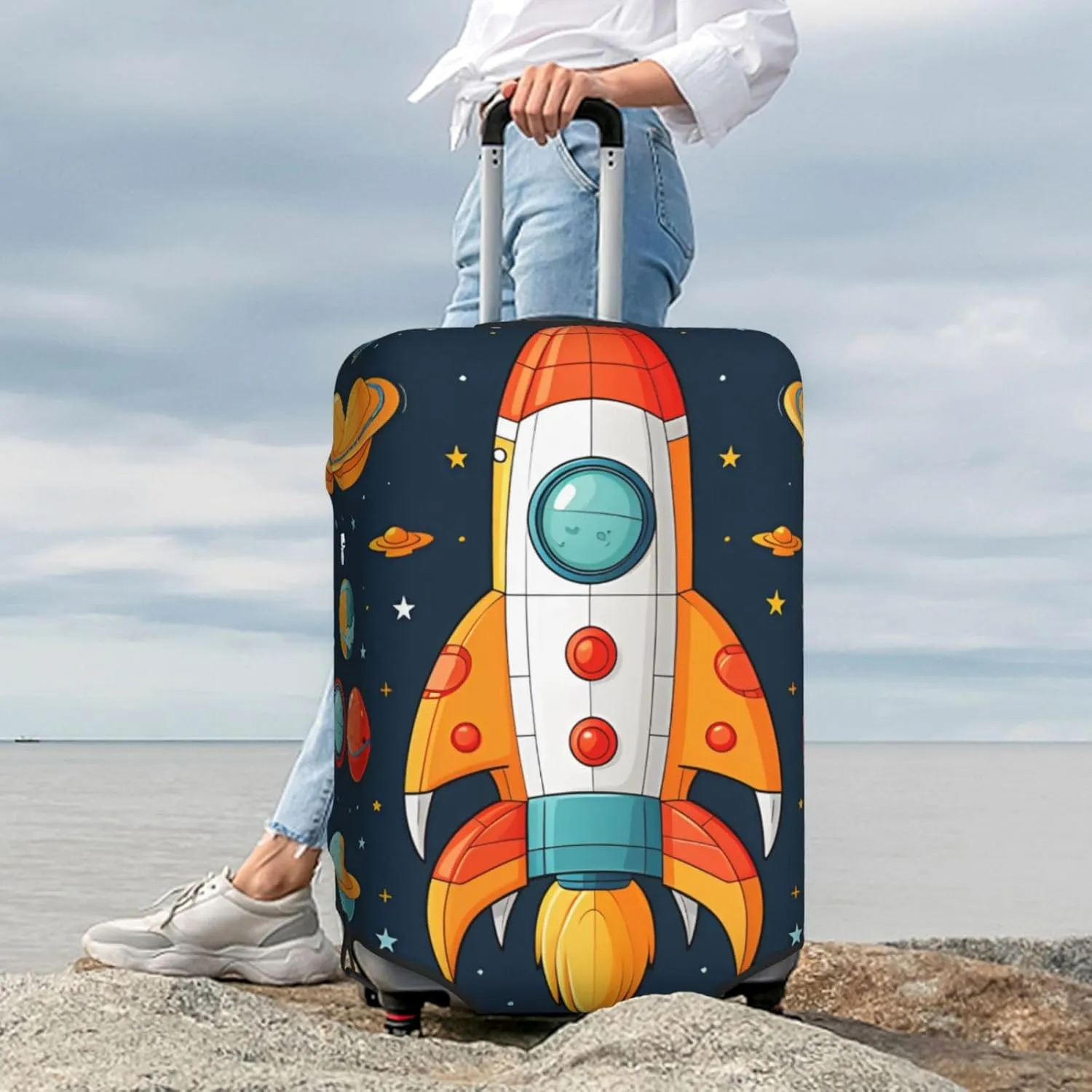 Travel Luggage Cover Suitcase Protector Elastic Washable rocket clipart space ship Suitcase Cover Anti-scratch Spandex Baggage Covers Fits 18-32 Inch Luggage