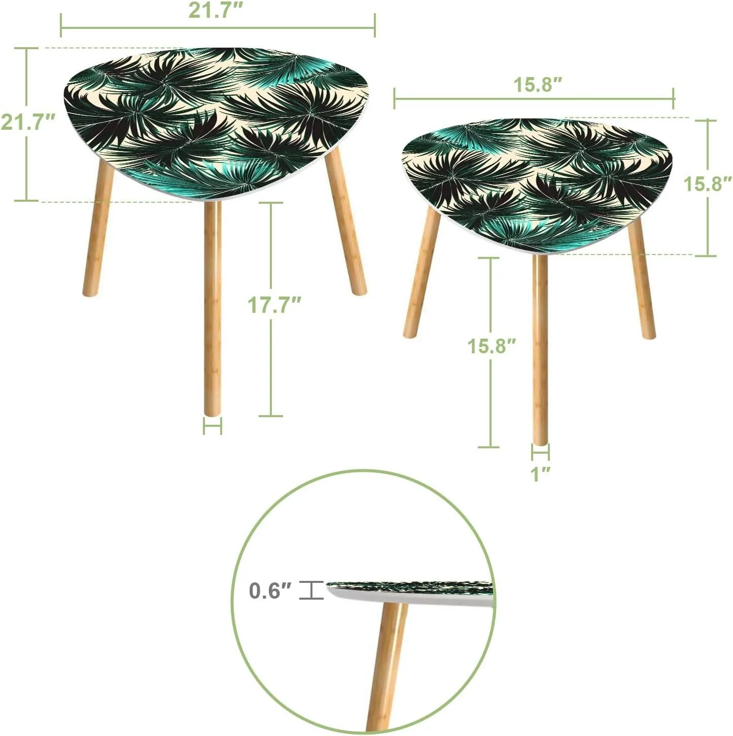 Triangle Nesting Coffee Table Set of 2 Tropical Palm Leaves Seamless Floral Pattern Modern Minimalist Side Table Small End Leisure Tea Tables for Living Room Bedroom Office