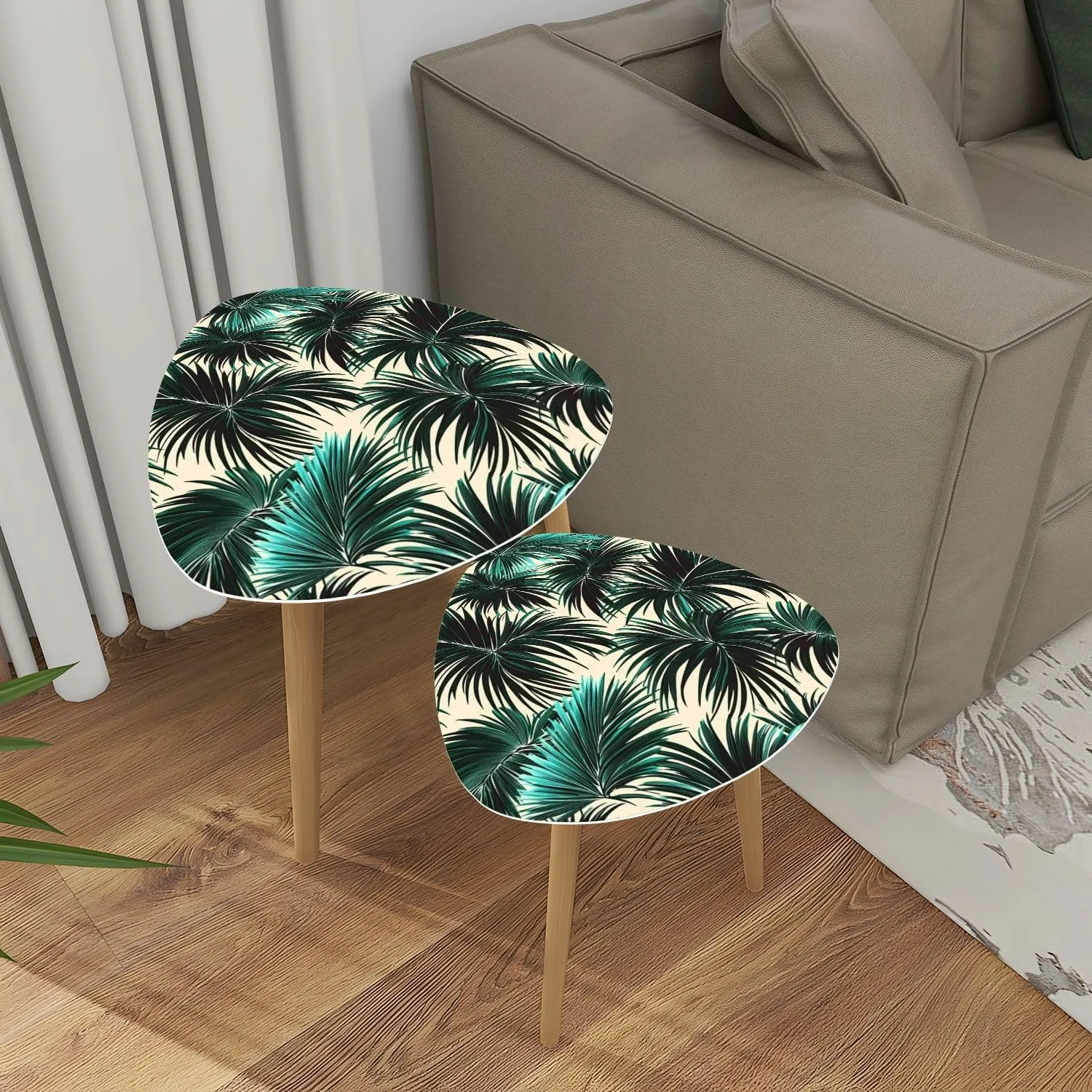 Triangle Nesting Coffee Table Set of 2 Tropical Palm Leaves Seamless Floral Pattern Modern Minimalist Side Table Small End Leisure Tea Tables for Living Room Bedroom Office