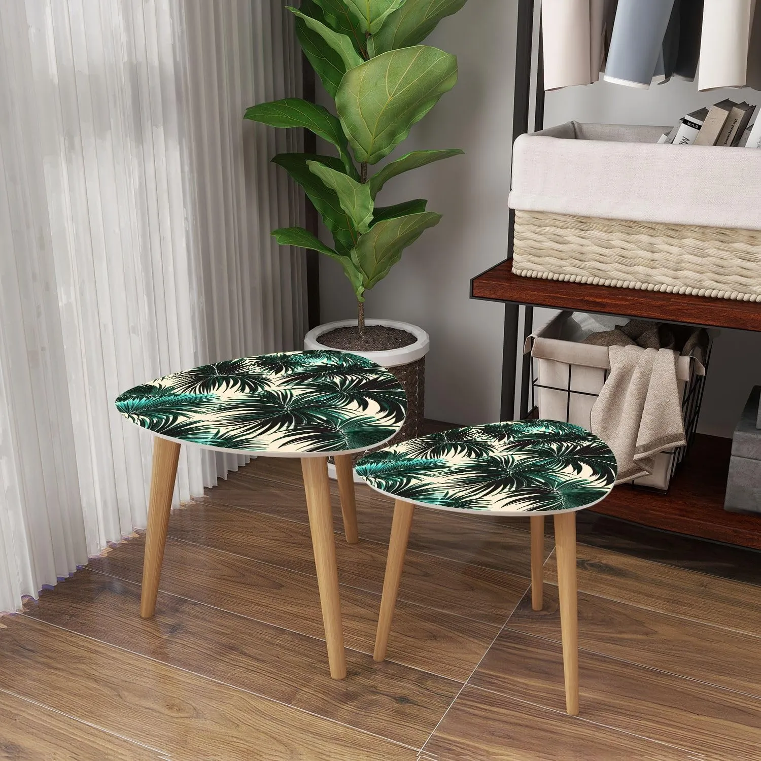 Triangle Nesting Coffee Table Set of 2 Tropical Palm Leaves Seamless Floral Pattern Modern Minimalist Side Table Small End Leisure Tea Tables for Living Room Bedroom Office