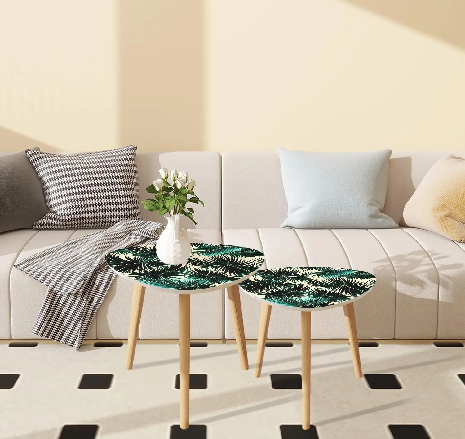 Triangle Nesting Coffee Table Set of 2 Tropical Palm Leaves Seamless Floral Pattern Modern Minimalist Side Table Small End Leisure Tea Tables for Living Room Bedroom Office
