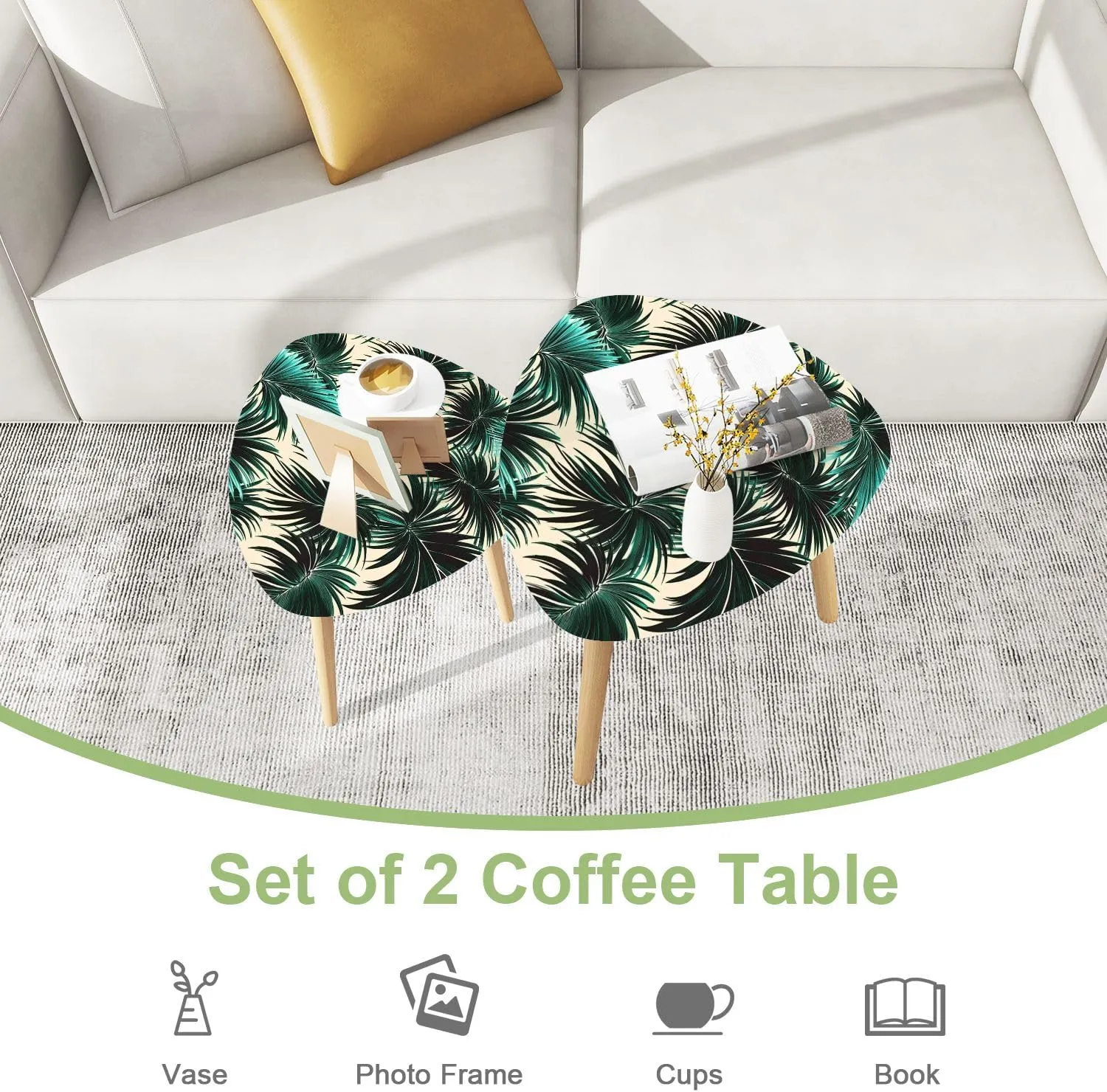 Triangle Nesting Coffee Table Set of 2 Tropical Palm Leaves Seamless Floral Pattern Modern Minimalist Side Table Small End Leisure Tea Tables for Living Room Bedroom Office