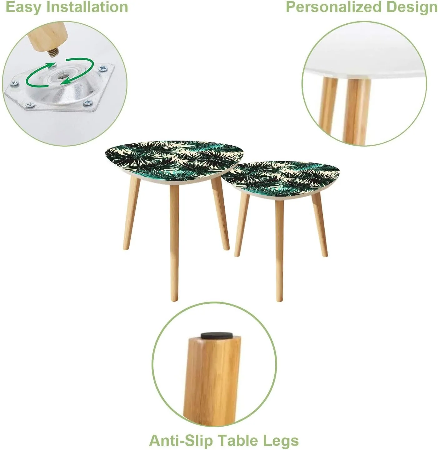 Triangle Nesting Coffee Table Set of 2 Tropical Palm Leaves Seamless Floral Pattern Modern Minimalist Side Table Small End Leisure Tea Tables for Living Room Bedroom Office