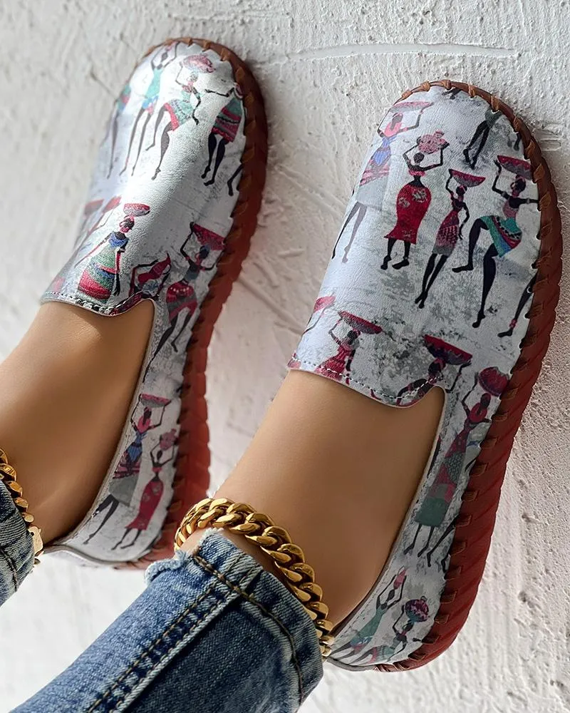 Tribal Figure Print Casual Slip On