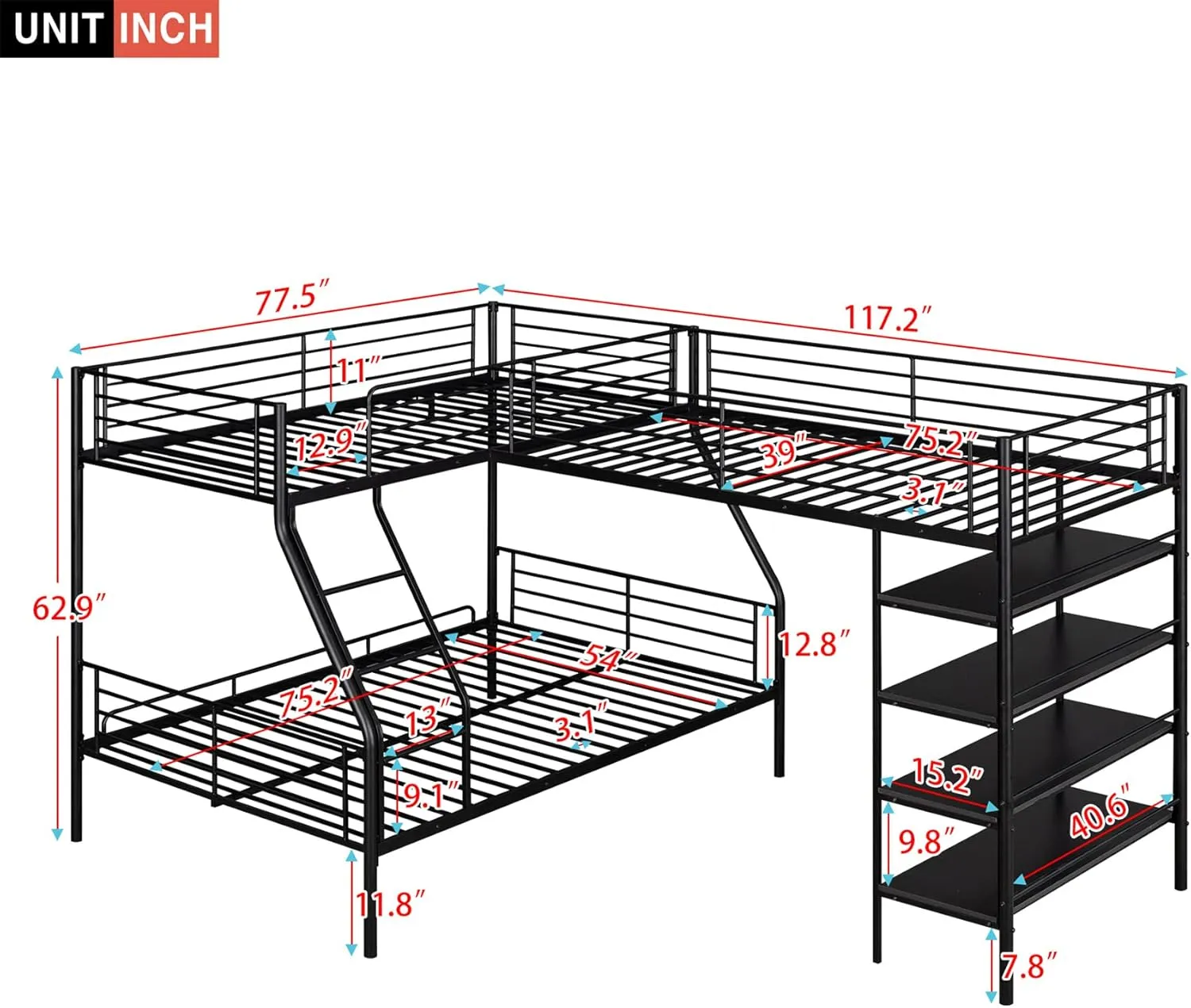 Triple Bunk Beds, L-Shape Twin Over Full Bunk Bed Attached a Loft Bed with Desk, Triple Bunk Beds with Slide, Metal Corner Bunk Bed Frame for Three Kids Boys Girls Teens, Antique Black