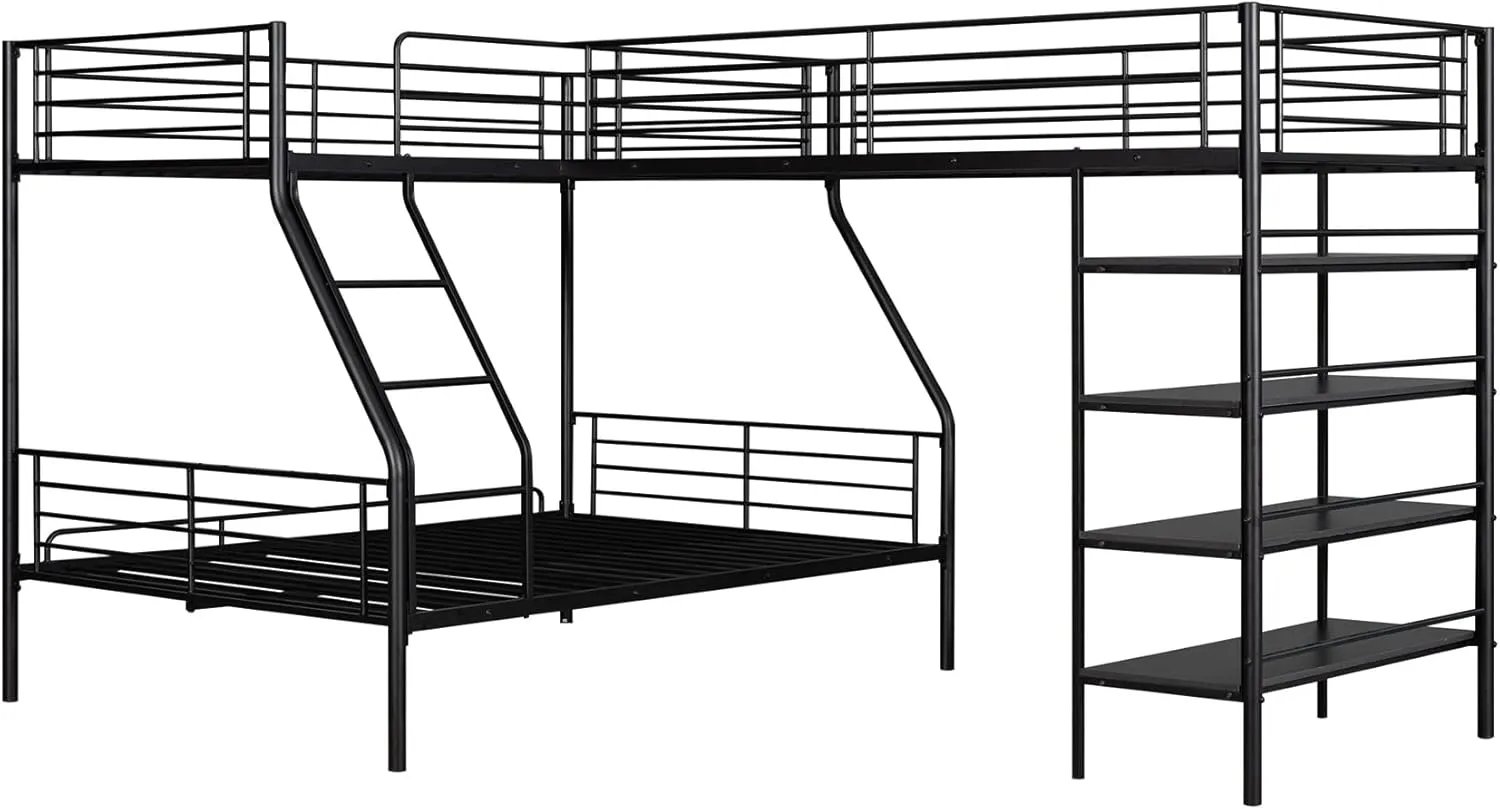 Triple Bunk Beds, L-Shape Twin Over Full Bunk Bed Attached a Loft Bed with Desk, Triple Bunk Beds with Slide, Metal Corner Bunk Bed Frame for Three Kids Boys Girls Teens, Antique Black