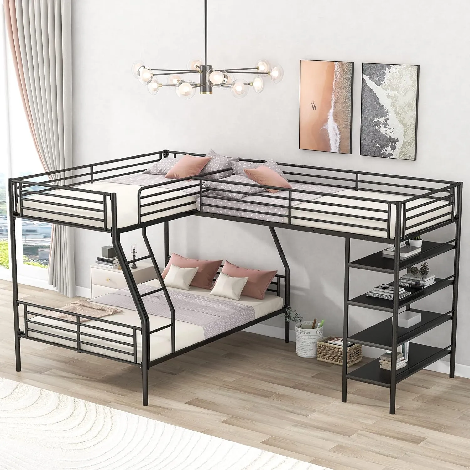 Triple Bunk Beds, L-Shape Twin Over Full Bunk Bed Attached a Loft Bed with Desk, Triple Bunk Beds with Slide, Metal Corner Bunk Bed Frame for Three Kids Boys Girls Teens, Antique Black