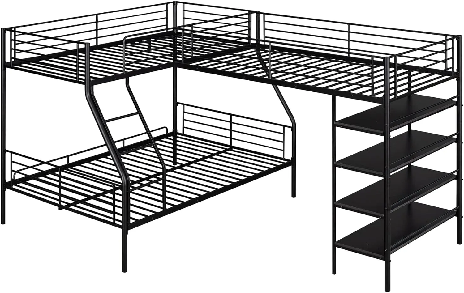 Triple Bunk Beds, L-Shape Twin Over Full Bunk Bed Attached a Loft Bed with Desk, Triple Bunk Beds with Slide, Metal Corner Bunk Bed Frame for Three Kids Boys Girls Teens, Antique Black