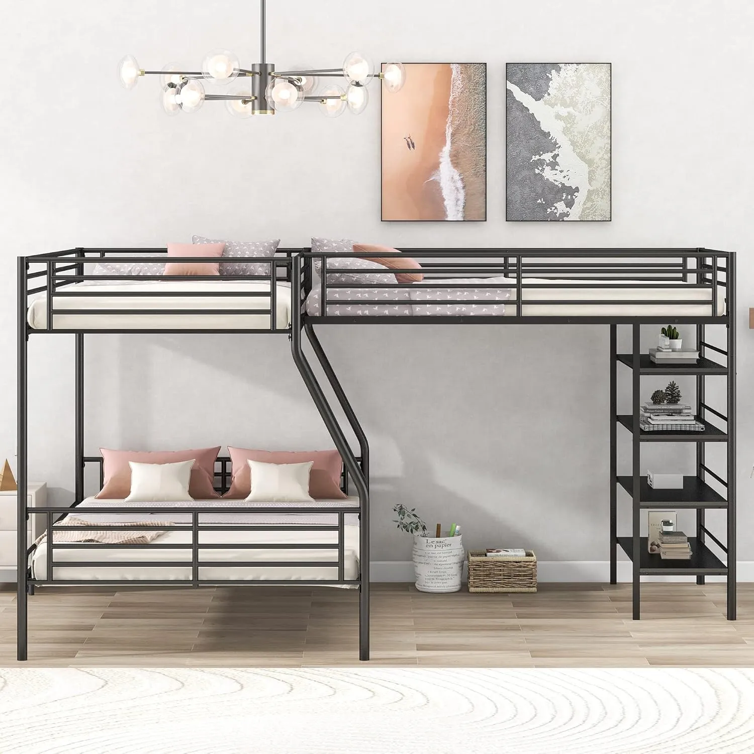 Triple Bunk Beds, L-Shape Twin Over Full Bunk Bed Attached a Loft Bed with Desk, Triple Bunk Beds with Slide, Metal Corner Bunk Bed Frame for Three Kids Boys Girls Teens, Antique Black