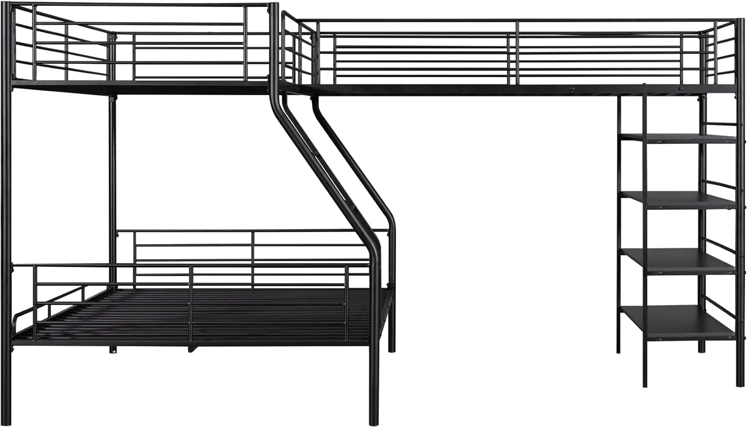 Triple Bunk Beds, L-Shape Twin Over Full Bunk Bed Attached a Loft Bed with Desk, Triple Bunk Beds with Slide, Metal Corner Bunk Bed Frame for Three Kids Boys Girls Teens, Antique Black