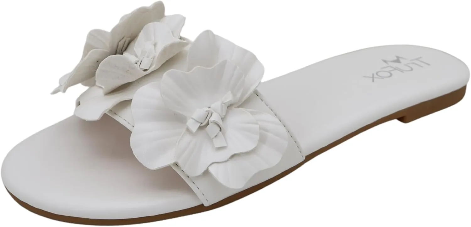 TruFox Women's Flower Flat Sandals Dressy Open Toe Sandals Comfortable Slip On Summer Slide Sandals