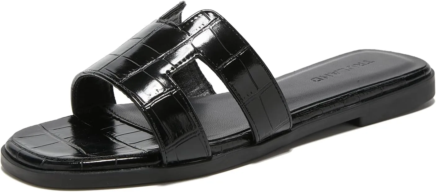 TRULAND H Strap Flat Slide Sandals for Women - Cute Fashion Open Square Toe Summer Dressy Sandals