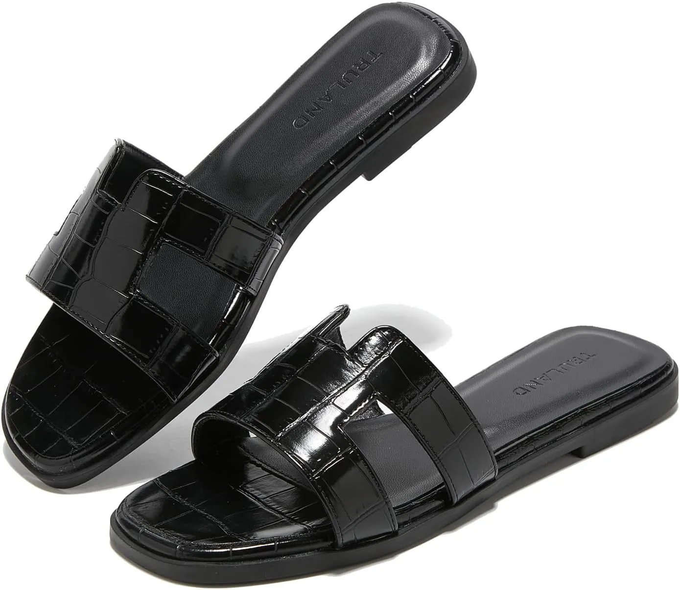 TRULAND H Strap Flat Slide Sandals for Women - Cute Fashion Open Square Toe Summer Dressy Sandals