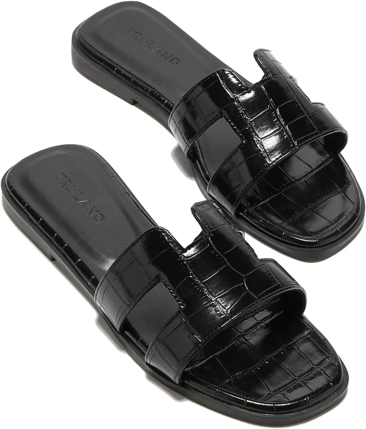 TRULAND H Strap Flat Slide Sandals for Women - Cute Fashion Open Square Toe Summer Dressy Sandals