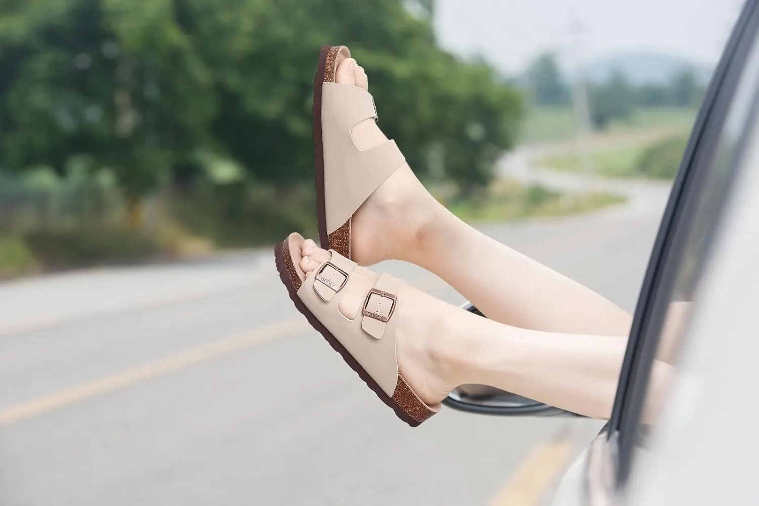 Unisex Cork Footbed Slide Sandal, Arch Support Summer Outdoor Sandals with Adjustable Buckle for Women and Men