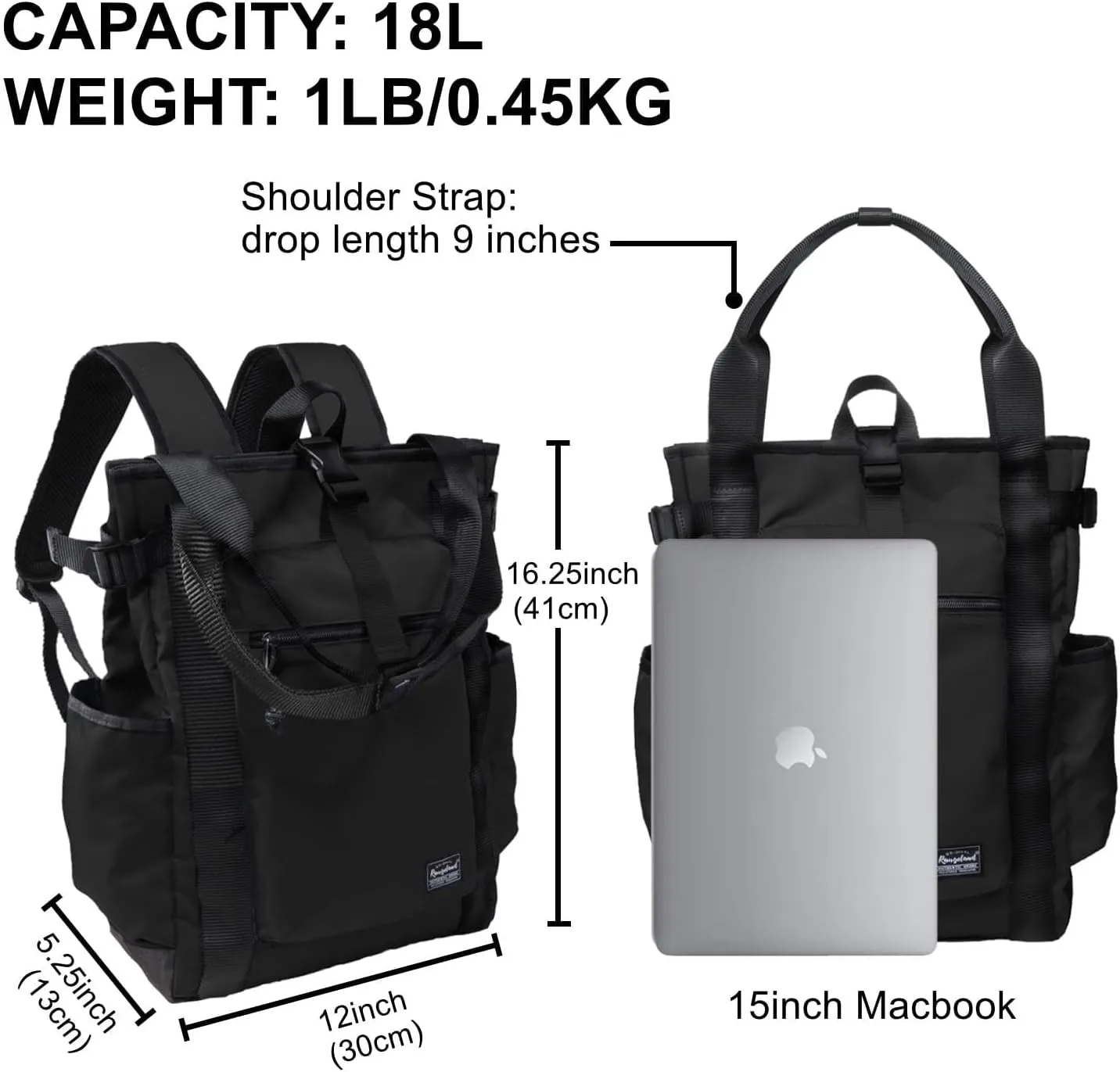 Unisex Laptop Tote Backpack Convertible Lightweight Durable Stylish Everyday Shoulder Tote bag Backpack with Water Bottle Pocket Work Travel, Black