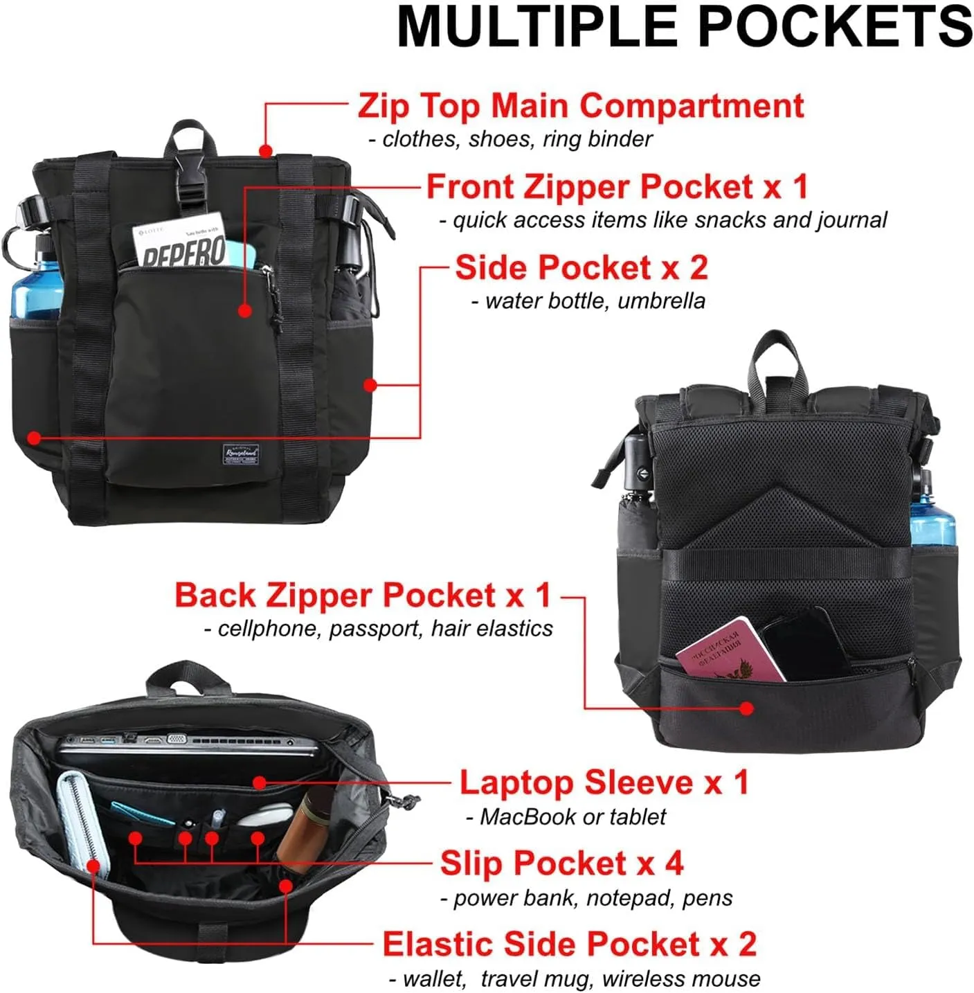 Unisex Laptop Tote Backpack Convertible Lightweight Durable Stylish Everyday Shoulder Tote bag Backpack with Water Bottle Pocket Work Travel, Black
