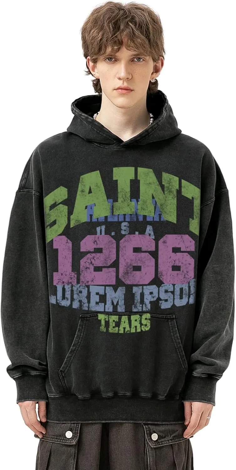 Unisex Vintage Letter Print Hoodies Oversized Washed To Make Old 400g High Weight Wool Hoodies