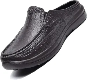 URLECHS Men's Leather Mules Clogs Slippers Breathable Punching Comfortable Slip On Loafers Outdoor Casual Non-Slip Driving Shoes