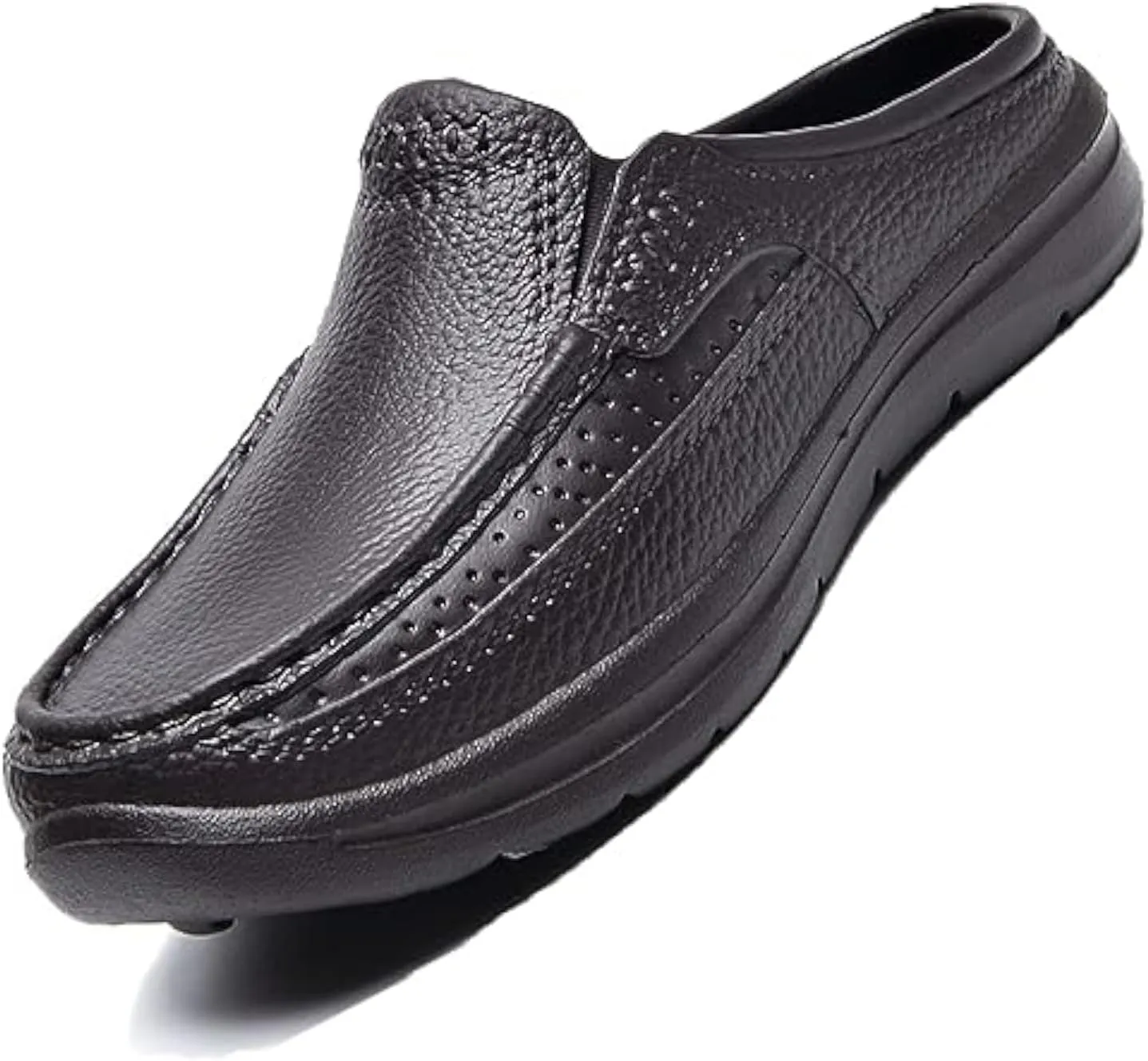 URLECHS Men's Leather Mules Clogs Slippers Breathable Punching Comfortable Slip On Loafers Outdoor Casual Non-Slip Driving Shoes