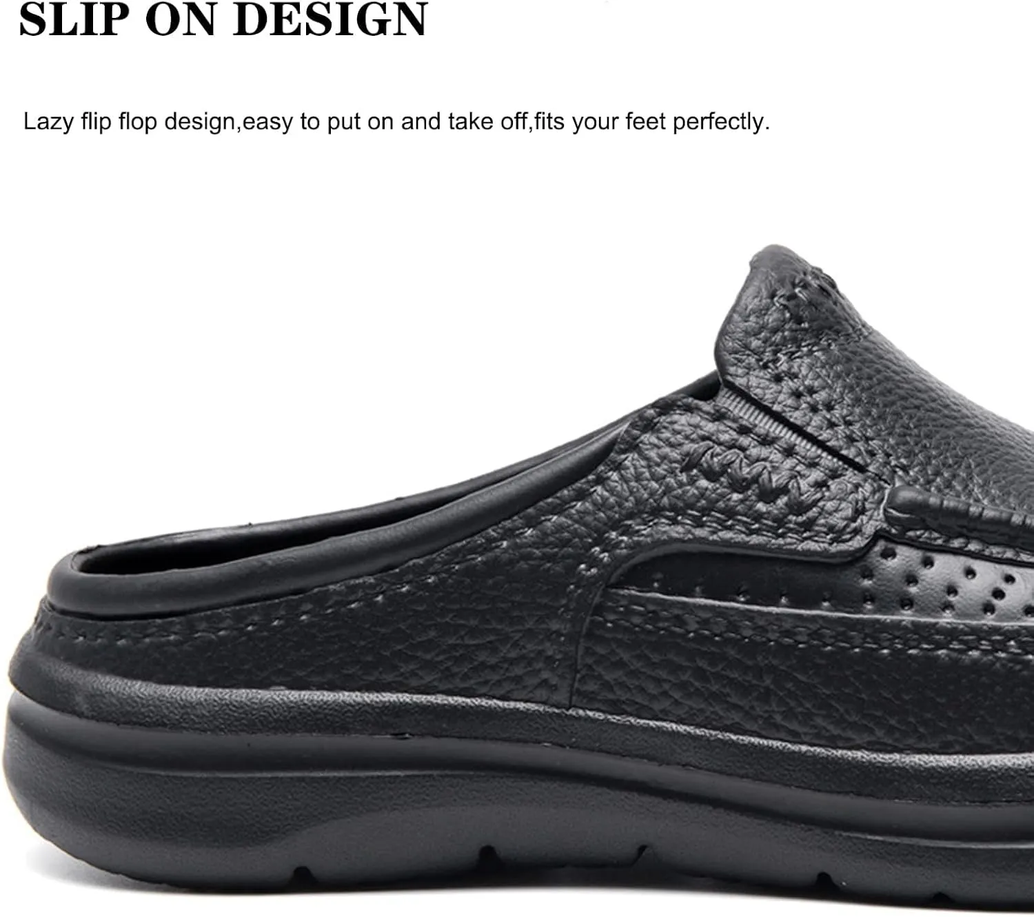 URLECHS Men's Leather Mules Clogs Slippers Breathable Punching Comfortable Slip On Loafers Outdoor Casual Non-Slip Driving Shoes