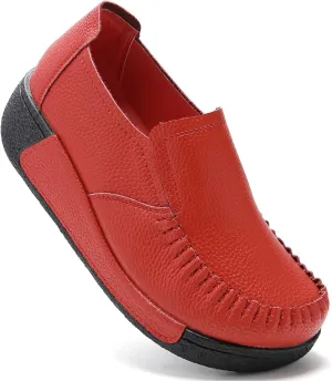 UZB Women's Slip On Loafer Leather Comfort Casual Platform Shoes