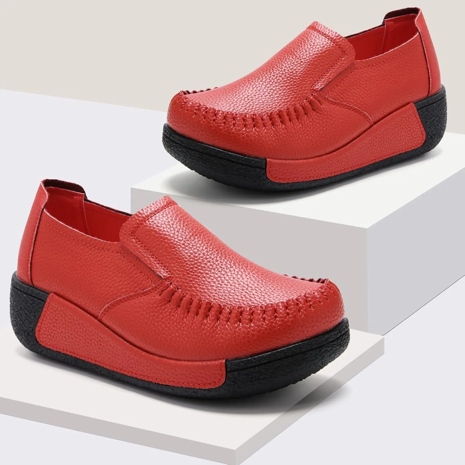 UZB Women's Slip On Loafer Leather Comfort Casual Platform Shoes