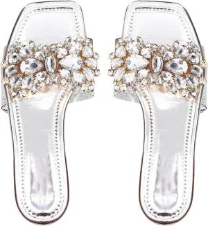 Verdusa Women's Rhinestone Clear Flat Sandals Square Toe Slide Sandals