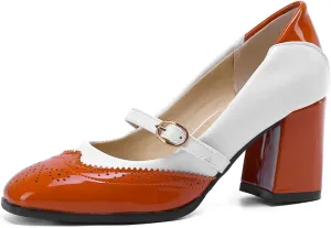 VOKLIN Women's Square Toe Penny Loafer Pump Slip On Patent Leather Block Mid Heel Classic Dress Oxford Shoes