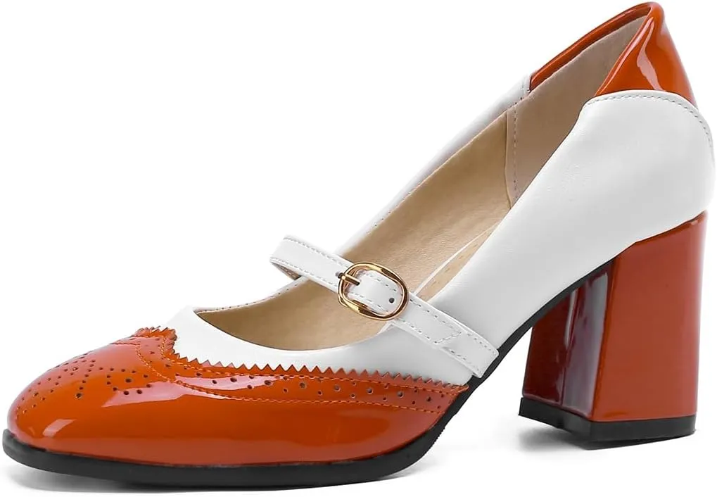 VOKLIN Women's Square Toe Penny Loafer Pump Slip On Patent Leather Block Mid Heel Classic Dress Oxford Shoes