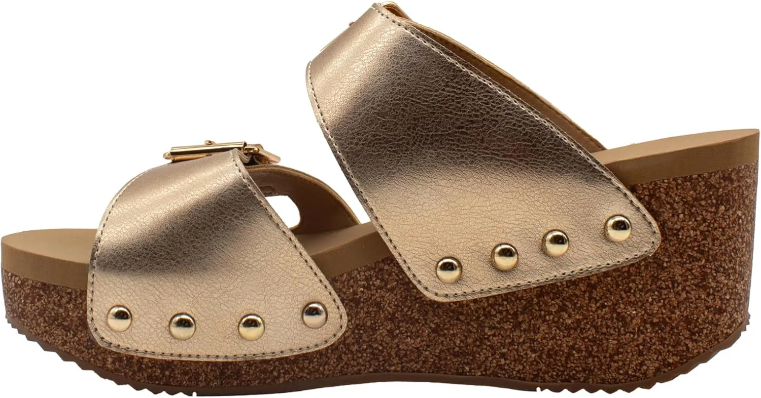 VOLATILE Womens Gertrude Metallic Slide Casual Sandals Casual Mid Heel 2-3" - Gold