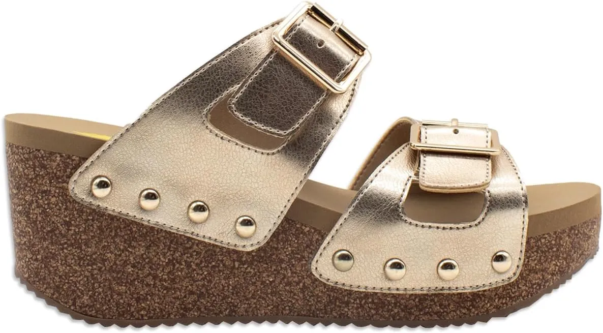 VOLATILE Womens Gertrude Metallic Slide Casual Sandals Casual Mid Heel 2-3" - Gold