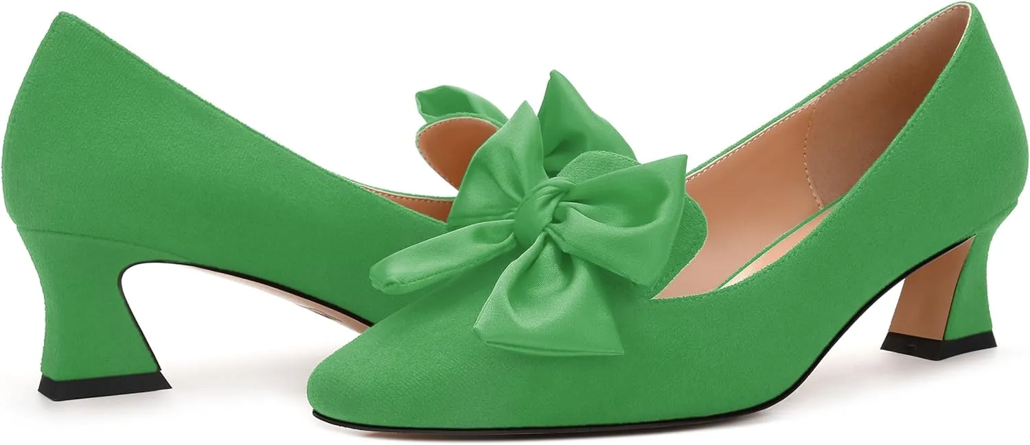 WAYDERNS Womens Bow Solid Bridal Suede Square Toe Slip On Fashion Kitten Low Heel Pumps Shoes 2 Inch