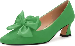WAYDERNS Womens Bow Solid Bridal Suede Square Toe Slip On Fashion Kitten Low Heel Pumps Shoes 2 Inch