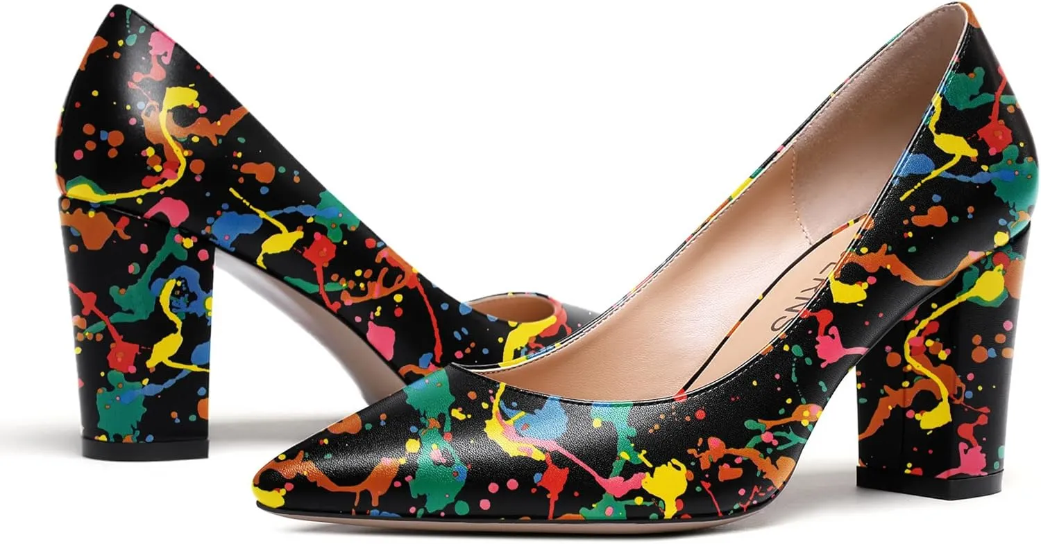 WAYDERNS Women's Slip On Matte Pointed Toe Block High Heel Pumps Shoes 3.5 Inch