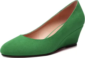 WAYDERNS Womens Solid Round Toe Dating Suede Casual Slip On Wedge Low Heel Pumps Shoes 2 Inch