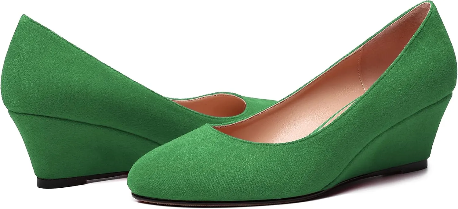 WAYDERNS Womens Solid Round Toe Dating Suede Casual Slip On Wedge Low Heel Pumps Shoes 2 Inch