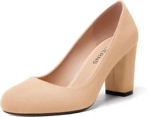 WAYDERNS Womens Suede Round Toe Office Solid Slip On Fashion Block High Heel Pumps Shoes 3.3 Inch