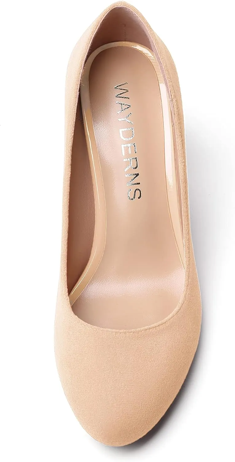 WAYDERNS Womens Suede Round Toe Office Solid Slip On Fashion Block High Heel Pumps Shoes 3.3 Inch