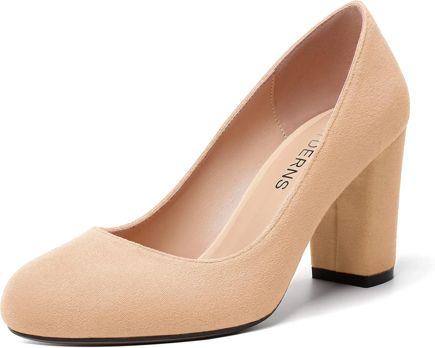 WAYDERNS Womens Suede Round Toe Office Solid Slip On Fashion Block High Heel Pumps Shoes 3.3 Inch