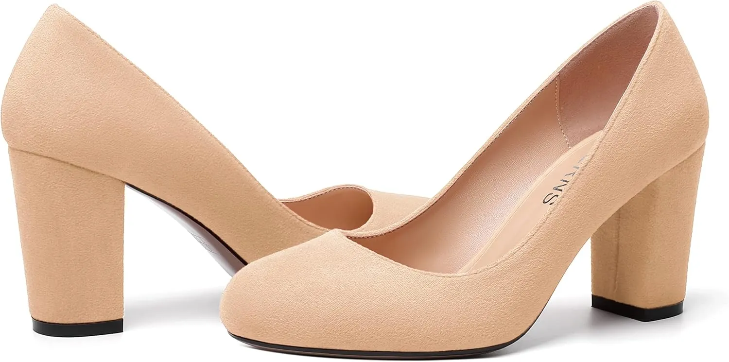 WAYDERNS Womens Suede Round Toe Office Solid Slip On Fashion Block High Heel Pumps Shoes 3.3 Inch